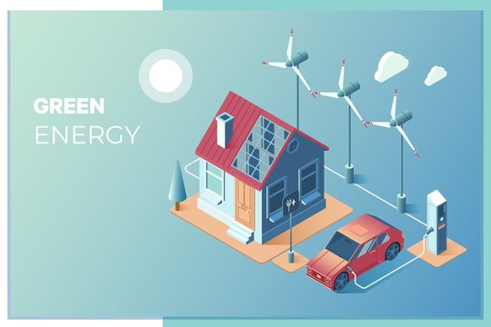 Transmission of solar and wind energy for use at home.Solar panels and wind turbines feed the smart home and electric car.