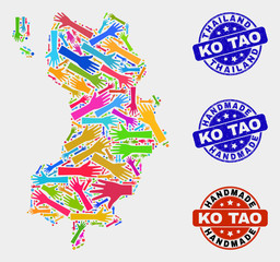 Vector handmade collage of Ko Tao map and rubber stamps. Mosaic Ko Tao map is formed with randomized bright colorful hands. Rounded watermarks with corroded rubber texture.