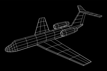Private Jet Plane Abstract polygonal wireframe business luxury twin engine airplane. Travel aircraft, tourism and vacation concept. Wireframe low poly mesh vector illustration