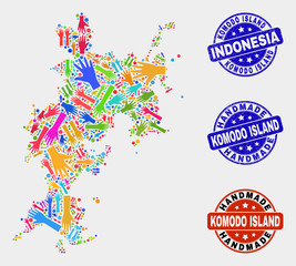 Vector handmade collage of Komodo Island map and corroded seals. Mosaic Komodo Island map is formed of scattered bright colorful hands. Rounded seals with corroded rubber texture.