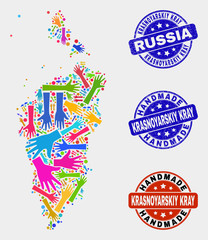 Vector handmade composition of Krasnoyarskiy Kray map and grunge seals. Mosaic Krasnoyarskiy Kray map is composed of random bright colored hands. Rounded seals with grunge rubber texture.