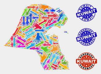 Vector handmade combination of Kuwait map and dirty stamp seals. Mosaic Kuwait map is created of scattered bright colored hands. Rounded stamp imprints with scratched rubber texture.