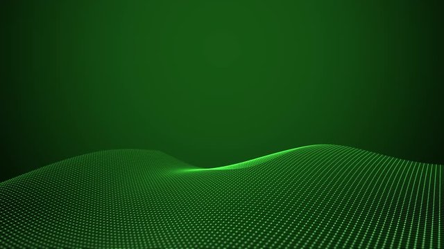 A futuristic wave of coloured green dots and matrix lines changing shape against a dark green background