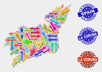 Vector handmade collage of La Coruna Province map and grunge seals. Mosaic La Coruna Province map is formed of randomized bright colored hands. Rounded seals with grunge rubber texture.