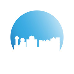 city tower building in blue circle background