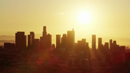 Aerial sunrise view financial district skyscrapers downtown LA