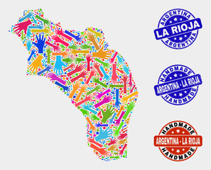 Vector handmade composition of La Rioja of Argentina map and scratched seals. Mosaic La Rioja of Argentina map is made of scattered bright colored hands. Rounded seals with distress rubber texture.