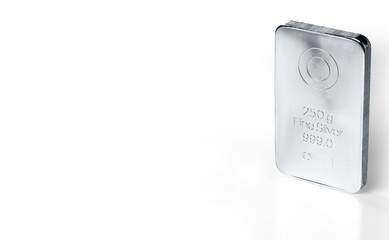 Minted silver ingot weighing 250 grams isolated on white background.