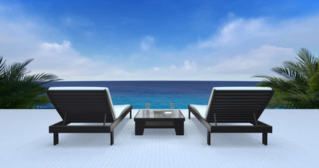 Two wooden loungers on terrace with ocean view and blue sky