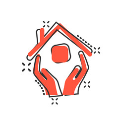 Home care icon in comic style. Hand hold house vector cartoon illustration on white isolated background. Building quality business concept splash effect.