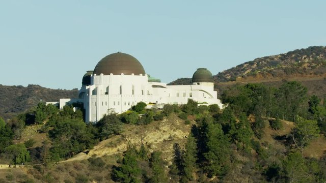 Aerial sunrise view Griffith Observatory visitors Los Angeles