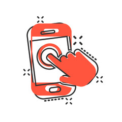 Hand touch smartphone icon in comic style. Phone finger vector cartoon illustration on white isolated background. Cursor touchscreen business concept splash effect.