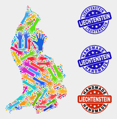 Vector handmade composition of Liechtenstein map and corroded stamp seals. Mosaic Liechtenstein map is made with randomized bright colorful hands. Rounded seals with corroded rubber texture.