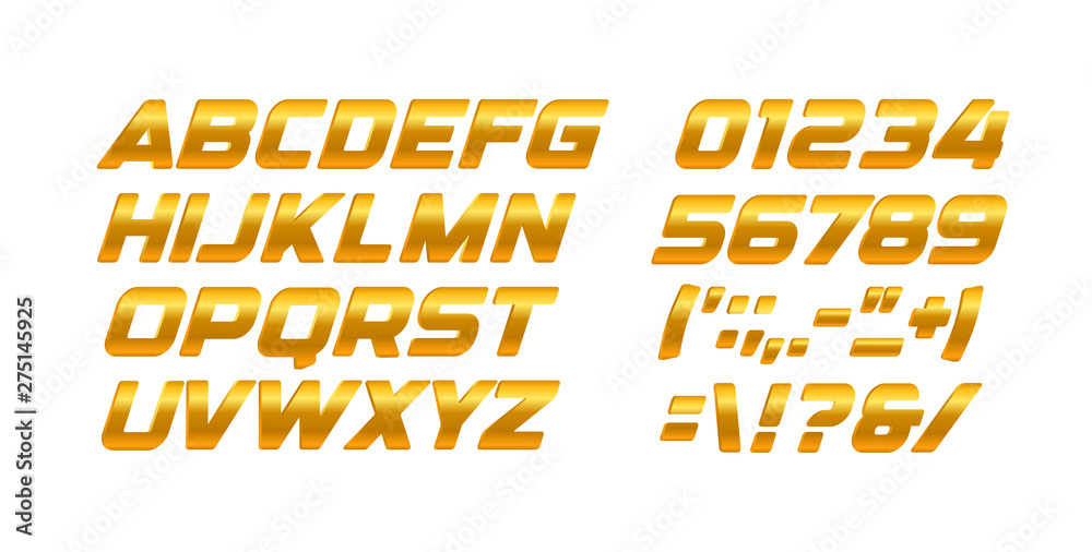 Poster gold letters and numbers set. golden gradient style vector latin alphabet. italic bold typography de