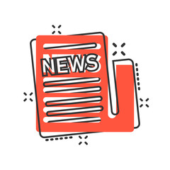Newspaper icon in comic style. News vector cartoon illustration on white isolated background. Newsletter business concept splash effect.