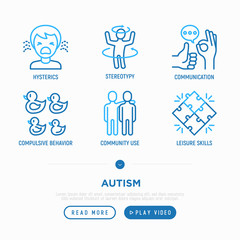 Autism symptoms and adaptive skills thin line icons set: hysterics, stereotypy,  communication, compulsive behavior, leisure skills. Modern vector illustration.