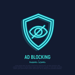 Ad blocking neon thin line icon: eye crossed out on shield. Modern vector illustration.