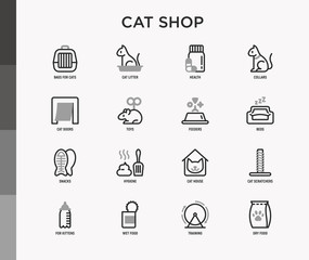 Cat shop thin line icons set: bags for transportation, hygiene, collars, doors, toys, feeders, scratchers, litter, shack, training. Modern vector illustration.