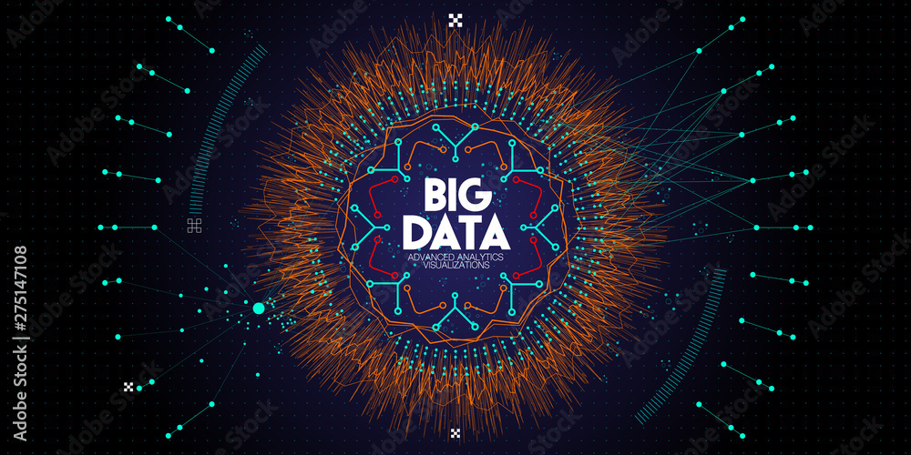 Poster Big data avanced technology and visualization with Fractal element with lines and dots array on dark background.