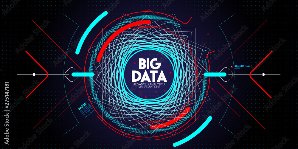 Leinwandbilder Big data avanced technology and visualization with Fractal element with lines and dots array on dark background.