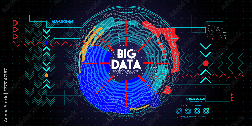 Poster Big data avanced technology and visualization with Fractal element with lines and dots array on dark background.