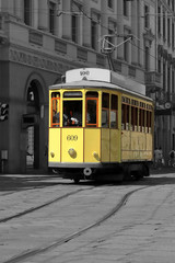 Plakat tram giallo a milano in italia, yellow streetcar in the downtown of milan city in italy 