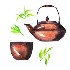 Set of metal japanese teapot, cup and green tea leaves isolated on whte background. Hand drawn watercolor illustration.