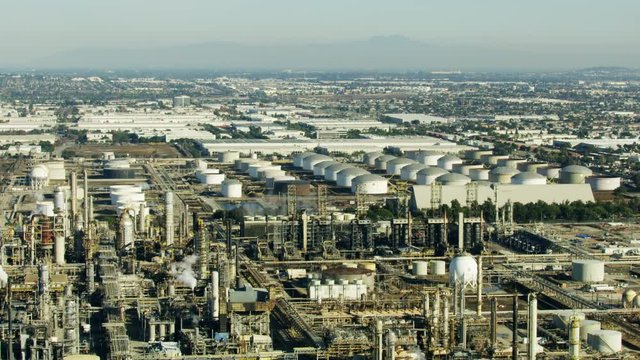 Aerial view Torrance refinery Los Angeles urban neighborhood 