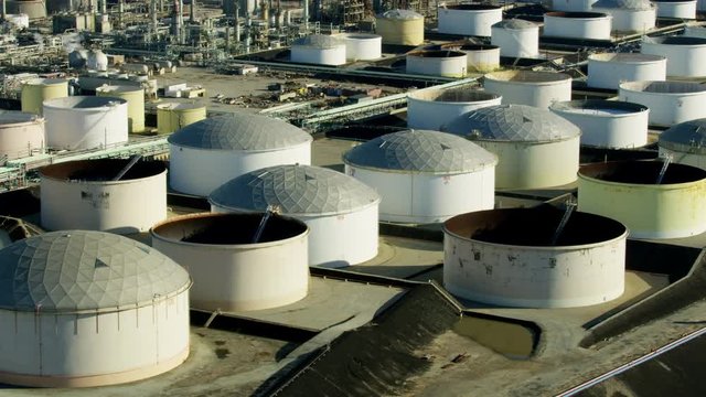 Aerial view chemical storage tanks San Pedro LA