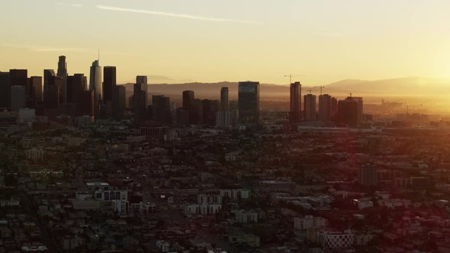 Aerial sunrise view South Park skyscrapers Los Angeles