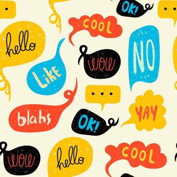 Various speech bubbles with text. Hand drawn seamless pattern. Different shapes. Abstract contemporary modern trendy vector illustration. Stamp texture