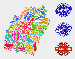 Vector handmade collage of Manipur State map and corroded seals. Mosaic Manipur State map is created with scattered bright colorful hands. Rounded seals with corroded rubber texture.