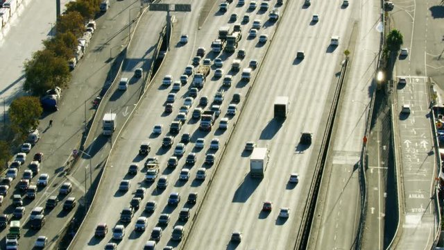 Aerial view morning commuter traffic Los Angeles freeway