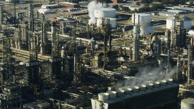 Aerial view Los Angeles oil refinery steel infrastructure