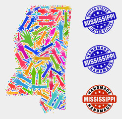 Vector handmade collage of Mississippi State map and corroded stamps. Mosaic Mississippi State map is designed with random bright colored hands. Rounded seals with corroded rubber texture.