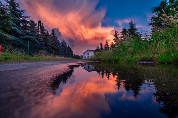 HDR Photo of the Road in the middle of trees in Lower Silesia in Poland. View of burning, red clouds from sunset and magic Hour.