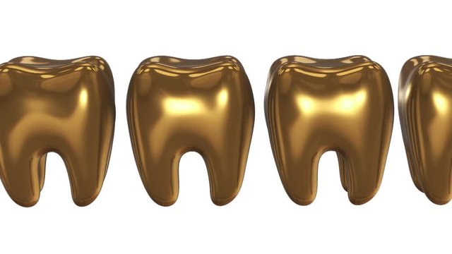 White tooth in a row of the gold teeth. 3D render. Dental, out of crowd, business concept. Video available in FullHD and HD render footage