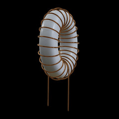 Toroidal Coil Inductor 3d render illustration. Copper wire winding. Magnetic ferrite core.