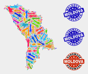 Vector handmade combination of Moldova map and rubber watermarks. Mosaic Moldova map is organized of scattered bright colored hands. Rounded watermarks with distress rubber texture.