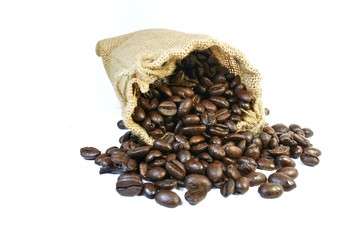Coffee beans in a sack bag on a white background