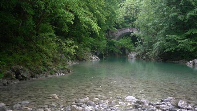 Rain at the Napoleon bridge and Isonzo river in Slovenia