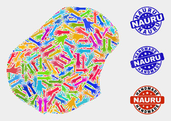 Vector handmade composition of Nauru map and rubber stamp seals. Mosaic Nauru map is organized of random bright colored hands. Rounded stamp imprints with corroded rubber texture.