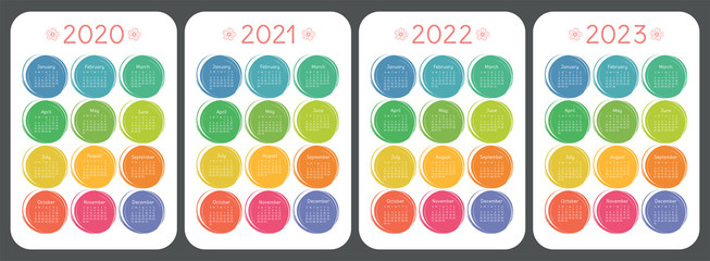Calendar 2020, 2021, 2022 and 2023. Colorful kid's doodle style. Color round hand drawn frames. English vector set. Vertical wall or pocket calender template. New year. Week starts on Sunday