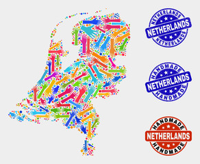 Vector handmade composition of Netherlands map and scratched seals. Mosaic Netherlands map is made of random bright colorful hands. Rounded seals with distress rubber texture.