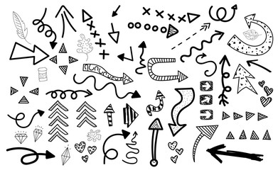 Cartoon pictures set of different hand drawn arrows. Mixed style white and black flat icons. Vector illustration. White background.