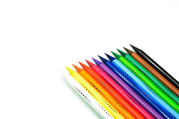 Sharpening pencils color gradations compared CONSECUTIVE color scale, isolated on a pure white background, VERSION with space for text or banner and sharp glare (reflexes) on pencils