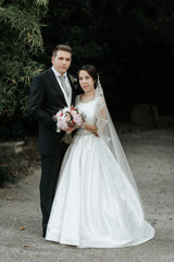 Classic wedding couple. Bride and groom at the wedding day in the park