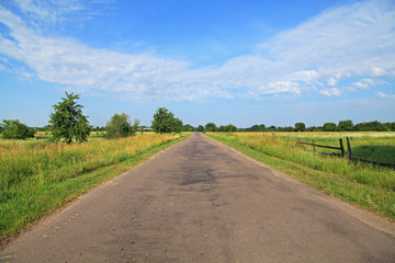 The rural or country road in the village. Summertime in the countryside. Ukrainian rural motive