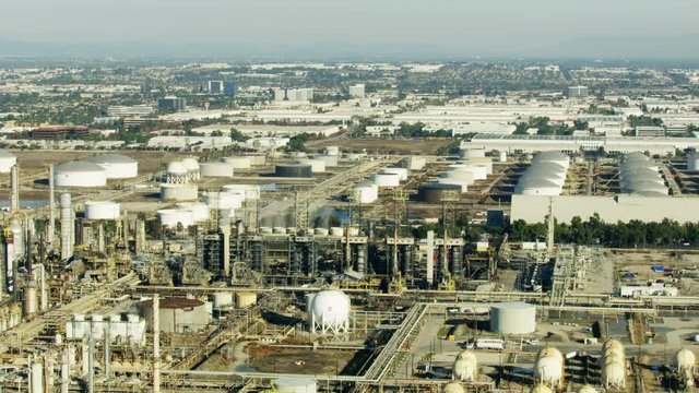 Aerial view Torrance oil refinery Los Angeles cityscape