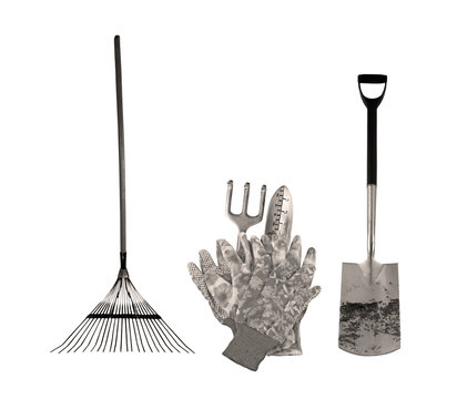 Variety of garden tools in sepia color